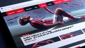 Realistic, high-definition image of a headline on a news website that reads 'Is the injury of a key football player a major setback for AC Milan? What's Next?' with a sidebar depicting a generic football player writhing in pain on the pitch. There is a red and black AC Milan flag flapping in the wind in the background