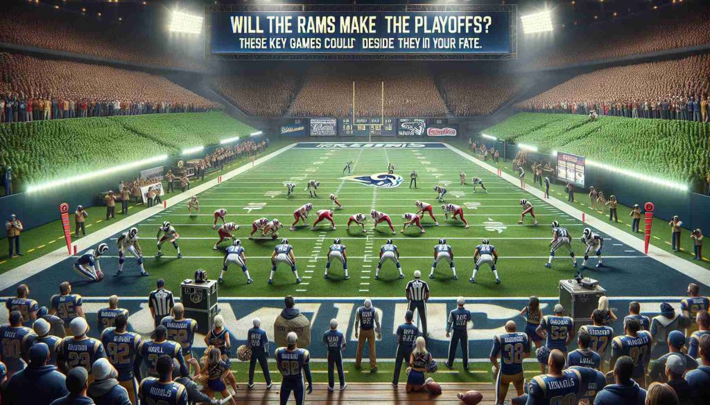 A realistic high-definition visualization of a pivotal American football game with the Ram team. The outcome of this game could potentially decide their participation in the playoffs. In the scene, the players engage in an intense and strategic moves. The players, the audience in the stadium, the cheerleaders, and the green field are all vivid. Also include a text banner that reads 'Will the Rams Make the Playoffs? These Key Games Could Decide Their Fate.'