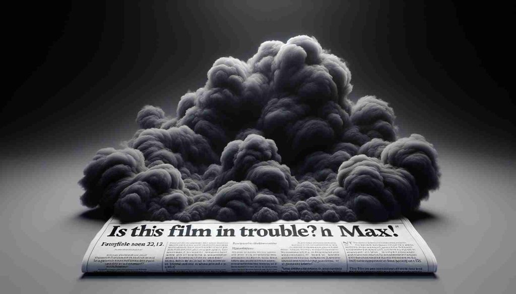 A realistic, high-definition image of a text headline stating 'Is This Film In Trouble? Enthusiasts Eagerly Wait for 'Folie à Deux' on Max!' against a backdrop of a dark, nebulous cloud shaped vaguely like a court jester, hinting subtly at an ominous, yet thrilling story arc.