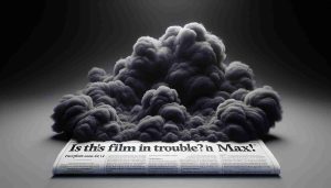 A realistic, high-definition image of a text headline stating 'Is This Film In Trouble? Enthusiasts Eagerly Wait for 'Folie à Deux' on Max!' against a backdrop of a dark, nebulous cloud shaped vaguely like a court jester, hinting subtly at an ominous, yet thrilling story arc.