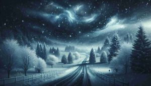 Generate a realistic high-definition image illustrating a heavy snowfall under the theme 'Winter Is Here'. Include details such as snow-covered landscapes, swirling snowflakes falling from a dark sky, frosty trees, and deserted roads indicating travel delays.