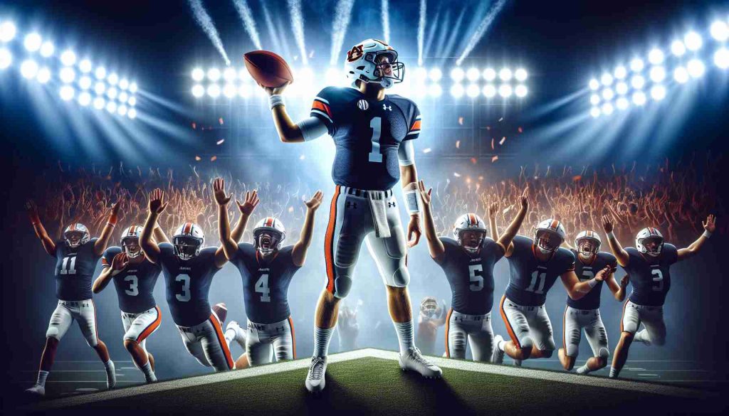 Create a high-definition realistic image of Auburn American football team celebrating, with the spotlight on a new star quarterback in his team's attire, just after making an impressive quick move during a game. Elements include cheering teammates, a football in the quarterback's hand, bright stadium lights, and a vibrant crowd in the background. The atmosphere hints at this being the quarterback's breakthrough moment, signifying that he ascended the ranks in just a few days.