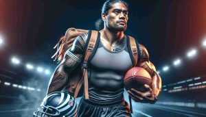 Create a high definition, hyper-realistic image of a successful rugby player of Polynesian descent, with muscular physique, embarking on a journey to the National Football League (NFL). The player should be dressed in rugby gear, carrying a rugby ball under one arm and holding an NFL helmet in the other. Capture the determination in his eyes, hinting at the challenges ahead. Note: avoid using any specific real person or celebrity in this depiction.