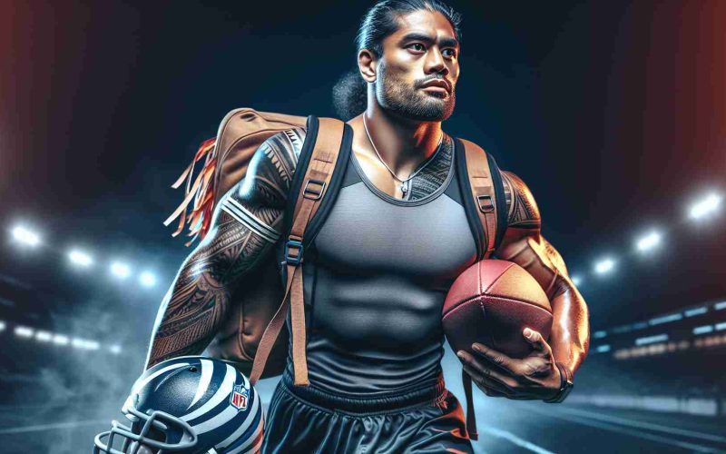 Create a high definition, hyper-realistic image of a successful rugby player of Polynesian descent, with muscular physique, embarking on a journey to the National Football League (NFL). The player should be dressed in rugby gear, carrying a rugby ball under one arm and holding an NFL helmet in the other. Capture the determination in his eyes, hinting at the challenges ahead. Note: avoid using any specific real person or celebrity in this depiction.