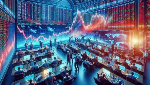 Generate a realistic high-definition image of a scene depicting booming stock market and stocks having drastic movements. The scene should represent the buzz and dynamism of the stock market. It includes tickers running on screens highlighting major stock movements, traders gesturing wildly in a trading pit, large digital screens with graphs, market indices, and people engrossed in their laptops analysing the trend. Vibrant colors should be used to represent the positive and negative stock movements.