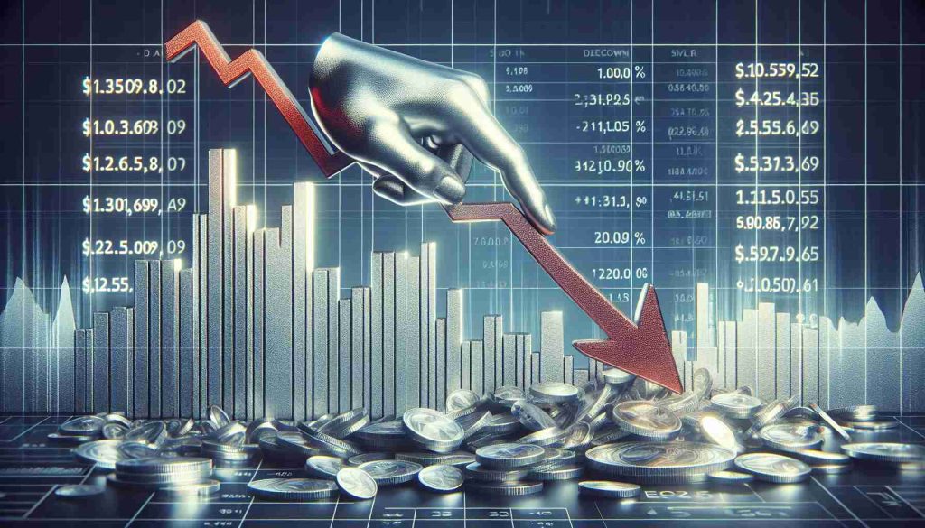 Generate a realistic, high-definition image depicting the scene of declining silver prices. The scene may include a dramatic downwards chart or graph to symbolize the drop in prices, perhaps even an indicator showing the drop in value. The colors should resonate with the theme, predominantly silver to represent the subject matter. An optional touch could be a backdrop of a financial market environment.