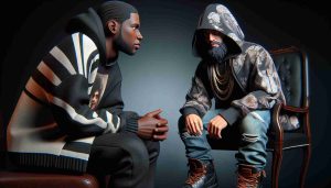 Realistic HD photo of a discussion between two anonymous contemporary entertainers where tension is palpable. The scene illustrates one performer, dressed casually in streetwear and with a confident demeanor, subtly expressing disapproval towards the other, an acclaimed musician, wearing a high-end fashion outfit. The two figures are engaged in a tense conversation, contributing to an atmosphere of unfolding drama.