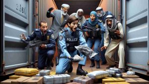 Realistic HD image of a major contraband interception operation at a port reminiscent of Casablanca. Display officers of various descents such as Caucasian, Black, Middle-Eastern, South Asian each conducting different elements of the operation. Capture their shocked expressions as they uncover hidden substances in strategic compartments within incoming cargo.