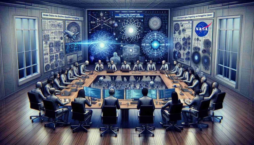 An intricately detailed, high-definition image showing a collaborative meeting between scientists and quantum computing innovators. It showcases a range of individuals including males, females, and individuals of different descents, such as Caucasians, Hispanics, and Black people. They are all deep into a discussion about the future of imaging technology. The room features diagrams of new algorithms on whiteboards, computers with complex coding input, quantum computing models, and NASA logos on the wall. An intense atmosphere of innovation, curiosity, and scientific discovery fills the room.