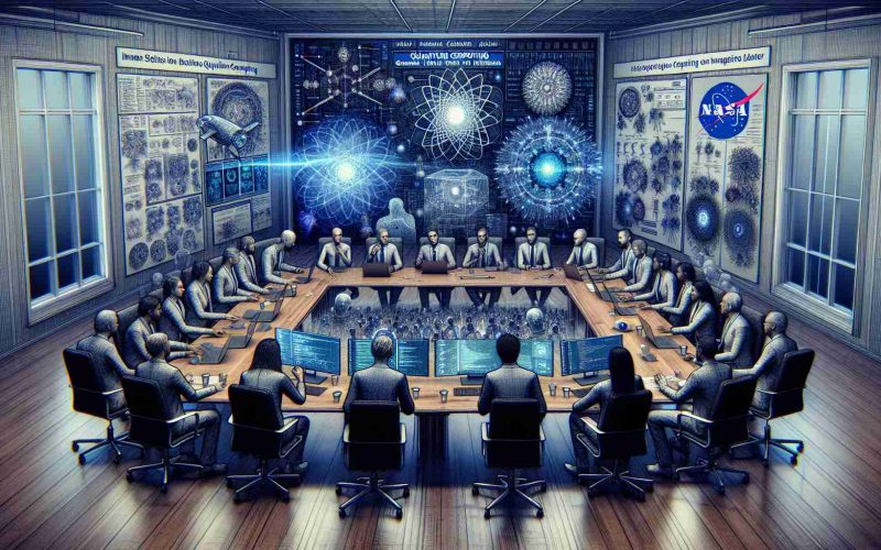 An intricately detailed, high-definition image showing a collaborative meeting between scientists and quantum computing innovators. It showcases a range of individuals including males, females, and individuals of different descents, such as Caucasians, Hispanics, and Black people. They are all deep into a discussion about the future of imaging technology. The room features diagrams of new algorithms on whiteboards, computers with complex coding input, quantum computing models, and NASA logos on the wall. An intense atmosphere of innovation, curiosity, and scientific discovery fills the room.