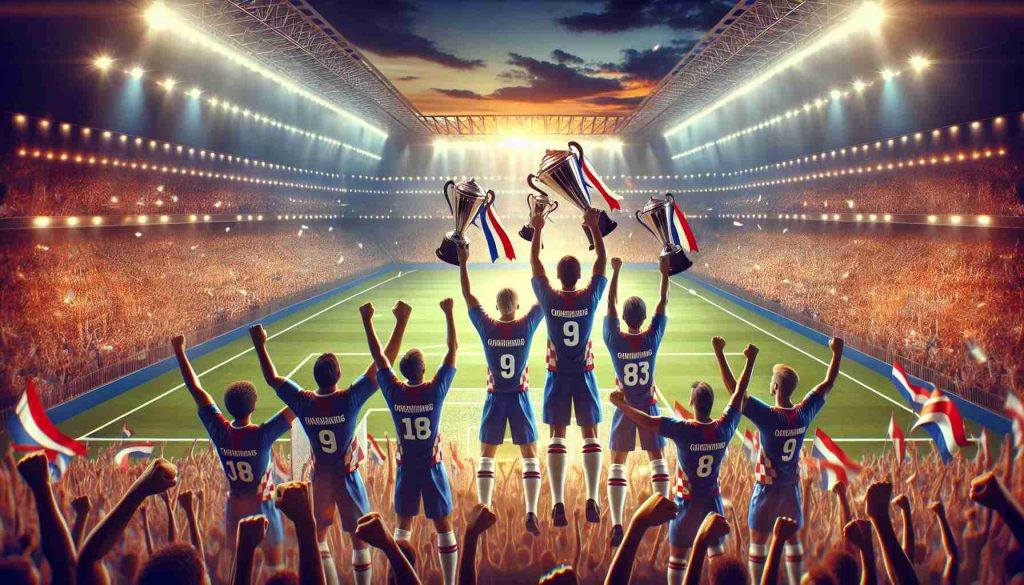 Generate a realistic high definition image representing a historical triumphant moment for a sports team, symbolic of three consecutive victories. The scene shows the team members in jubilant celebration, holding up three trophies symbolizing their consecutive wins. The background should display a large, vibrant stadium filled with ecstatic fans.