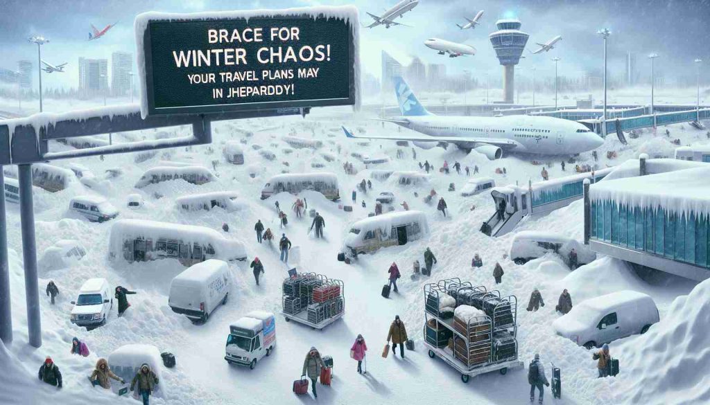 A high-definition, realistic image of a winter chaos scene. The image depicts an airport blanketed in snow, with planes stuck on the tarmac, people bundled in heavy winter gear, luggage carts struggling through the mounds of snow, and all sorts of commotion happening. On a digital display, there's a text saying: 'Brace for Winter Chaos! Your Travel Plans May be in Jeopardy!'