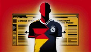 Graphic image depicting a hypothetical situation where a soccer player from a major German team could potentially join a prestigious Spanish team. The image should depict a symbolic representation of this potential shift, perhaps with a German football shirt morphing into a Spanish one, framed by headlines and subtext mentioning rumored major moves in the soccer world.