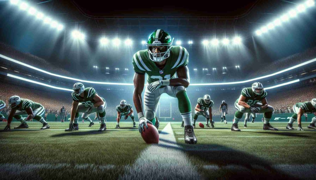 A high-definition, realistic scene is shown, capturing the intensity of an American football game. The team in green and white, known as the Jets, have their eyes locked on a player who has the potential to be a game-changer. The stadium is filled with eager fans, all awaiting to see if this player will elevate his game and make a decisive move. The spotlight is on him, and tension is palpable. Will he step up in this moment of truth?