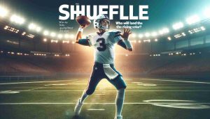 Create a high-definition, realistic image of a magazine cover titled 'The Quarterback Shuffle: Who Will Land the Rising Star?' Showcase an unidentified quarterback, helmet in his right hand, tossing a football with his left on a football field. He is in mid-stride, showcasing his agility and strength. The field and stadium lights are captured in the background to set the stage.