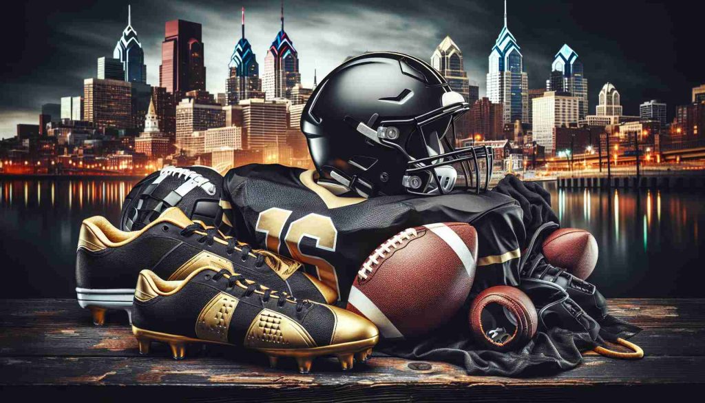 Detailed, high-definition image of a professional American football team's equipment, characterized by black and gold colors, arranged in preparation for an intense game in a city known for its historical significance and vibrant culture, specifically Philadelphia. Incorporate elements such as helmets, jerseys, and footballs along with the urban backdrop of the city.