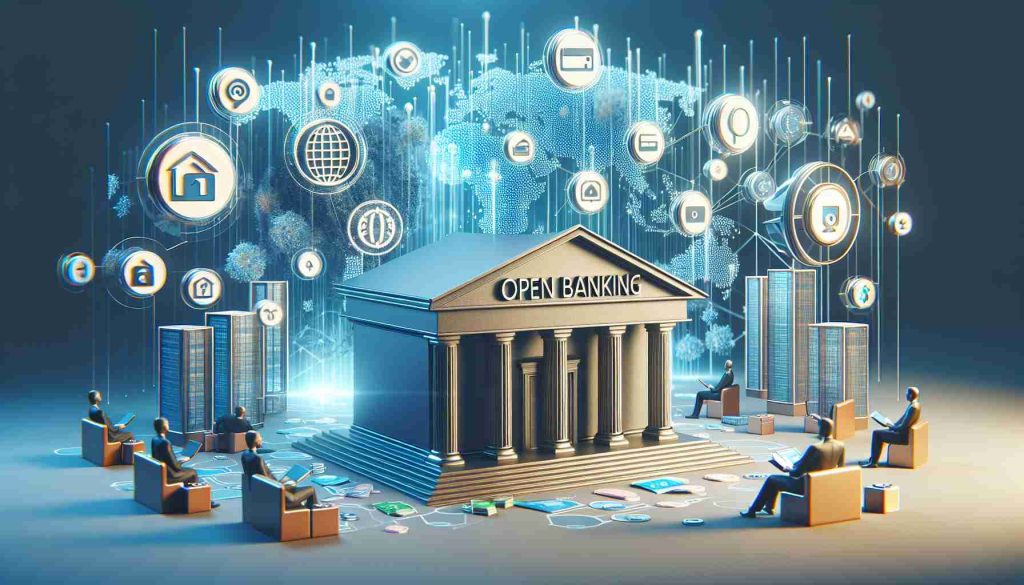 Create a high-definition, realistic image that depicts the concept of open banking. The scene should include elements such as a symbolic representation of banking institutions, open data networks, and a surprise element to signify the 'shocking insights.' Please do not include any people, identifiable logos or copyrighted symbols, but rather focus on abstract representation.