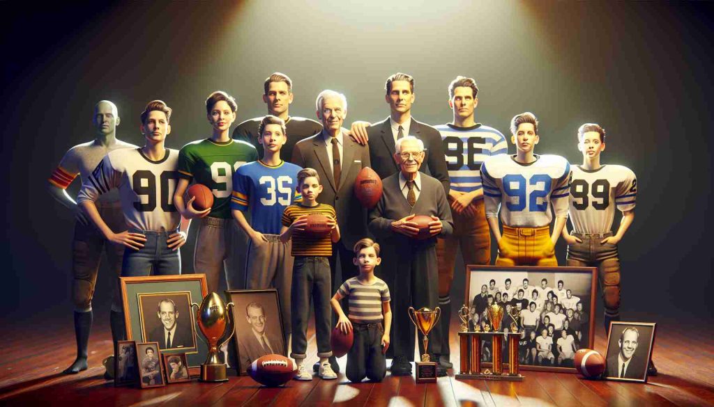 Generate a realistic, high-definition image presenting a scene of a family legacy revolving around the sport of football. The main focus is a family known for their significant contributions to the sport, specifically the 'Hunter Family'. The image should depict diverse generations of family members, all with evident physical fitness, in a setting that suggests their strong involvement in the field of football. Depict iconic elements that symbolize a thriving football legacy, such as family portraits, trophies, jerseys, and footballs. Do not include any specific identifiable family traits.