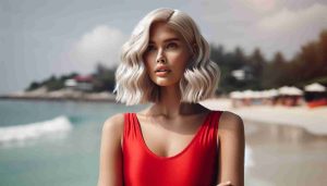 Realistic HD image of a confident woman with platinum blonde hair wearing a red swimsuit akin to a lifeguard's uniform on a sunny beach.