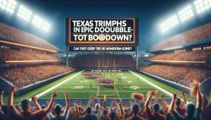 Realistic HD image representing a sports event titled 'Texas Triumphs in Epic Double-OT Showdown!'. It shows a sports ground filled with enthusiastic fans. The atmosphere is exhilarating with the crowd cheering after an intense game. There are graphic representations of the words 'Can They Keep the Momentum Going?' looming overhead.