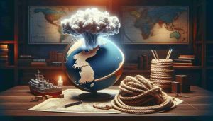 An image depicting a metaphorical representation of an urgent threat. It includes a symbolic representation of a storm brewing over a paper model of the Korean peninsula, placed on top of a globe. Next to the globe, there is a heap of ropes, symbolizing alliances getting stronger. The image has an atmosphere of high tension and urgency. It's set in a well-lit study with wooden furniture and vintage maps in the background. The overall quality of the image is HD and it's designed in a hyper-realistic art style.