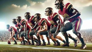 A high-definition, realistic image of a university football team, distinctive with its dark red and gold uniforms, aggressively enhancing their defensive line. Depict various athletes of different descents and genders, focusing on their strength, determination, and teamwork. They are practicing hard on the grassy football field under a bright sky, showcasing their improved tactics, signaling a thrilling season ahead.