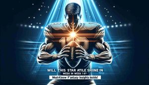 An authentic high-definition image portraying an accomplished football player with robust physique and short hair in action during the 18th week of competition. The image has a spotlight focused on him, symbolizing his shining performance. A caption below reads: 'Will this star athlete shine in Week 18? Must-Know Fantasy Insights Inside!'