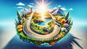 A realistic, high-definition image of a symbolic representation of a new, unique travel route starting from the capital city of California, Sacramento, and ending in the northernmost state of the United States, Alaska. The image is further enhanced with elements that reflect the lively spirit of summer such as bright sunshine, clear blue sky, blooming flowers. Put extra attention on the expectation of the journey, making it seem both dreamlike and yet achievable.