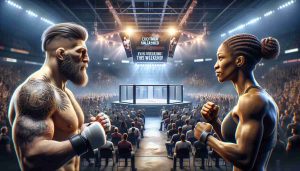 High definition and realistic image featuring the prelude to a significant mixed martial arts event. Two fighters; one being a stout-built, tattooed Caucasian man and the other being a lean, agile, Black woman, are having a face off. The setting is teeming with spectators and the excitement in the atmosphere is palpable. The venue is bathed in bright lights, with a prominent ring in the center. There's a large banner in the background that reads 'Excitement Unleashed! This Weekend!'