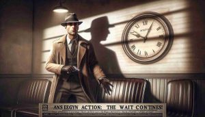 A realistic, high-definition image depicting a suspenseful scene. A male detective of Hispanic descent, dressed in detective attire, is poised for action. The background suggests a long wait, with shadows lengthening, a large clock on a nearby wall indicating the passage of time, and an empty chair. A headline appears across the bottom, stating: 'Fans eager for action: The Wait Continues!'. Must avoid showing any identifiable characteristics of real people.