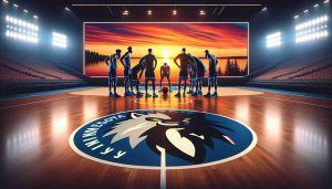 Generate a realistic, high-definition picture of a basketball court with the Minnesota Timberwolves' logo prominently featured on the floor. Set against a backdrop of a beautiful sunset horizon implying a big change coming, also include players from the Timberwolves team in huddles, thoughtfully preparing for a basketball game.