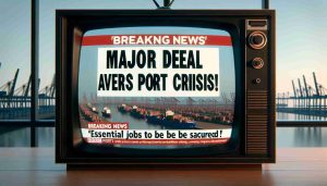 Generate an image of a 'BREAKING NEWS' television screen with the headline 'Major Deal Averts Port Crisis! Essential Jobs to be Secured!'. The picture should be in high definition and realistic style. In the foreground, there should be the 'Breaking News' banner, with the attention-grabbing headline displayed prominently. The headline font should be bold and clear, standing out against the backdrop of the TV screen. The backdrop should depict a busy port, indicating the subject of the news. Please refrain from displaying any identifiable individuals in the background.