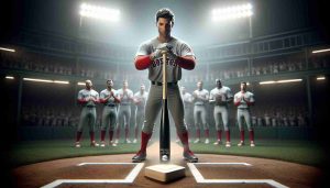 Create a hyper-realistic high-definition image representing the concept of the Boston Red Sox baseball team needing a power hitter. Depict the uncertainty of whether they could secure such a player, evoking suspense and anticipation. The scene could be set on a baseball field, with focus on a bat to represent the desired power hitter, and the team appearing hopeful or uncertain. Please don't include any specific players, real names or faces, keeping to the theme of depicting the general feel and situation.