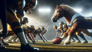 A realistic high definition image showcasing a tense American football game. In the foreground, the team with a horse as their mascot is under pressure, fighting for a place in the playoffs. The image resonates with the intensity of the phrase: 'The Time to Shine is Now!'