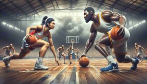 A realistic high-definition image of a metaphorical battle in basketball. Two giant players, one of South Asian descent and female, the other of Black descent and male, are depicted in a historic clash on the basketball court. Each player is skillfully dribbling the ball, perspiration on their foreheads. The atmosphere is full of excitement and anticipation as they advance towards the hoops.