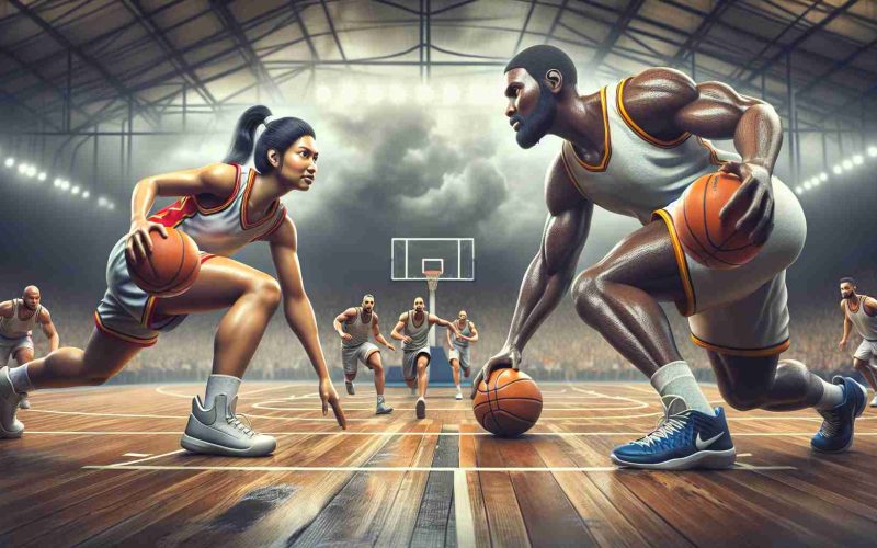 A realistic high-definition image of a metaphorical battle in basketball. Two giant players, one of South Asian descent and female, the other of Black descent and male, are depicted in a historic clash on the basketball court. Each player is skillfully dribbling the ball, perspiration on their foreheads. The atmosphere is full of excitement and anticipation as they advance towards the hoops.