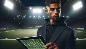 Realistic HD photo of a general person, exhibiting mixed-race features and dressed as a football coach, studying game tactics on a digital tablet. In the backdrop, an empty football field under floodlights signifies a potential comeback and new opportunities.