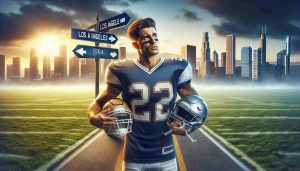 Realistic high-definition image of a narrative scene depicting a prominent American football player, known for his skills as a wide receiver, standing at a crossroads. He should be outfitted in a generic LA football team jersey and holding a helmet in his right hand. On his left, depict the glistening skyline of Los Angeles beneath a sunny sky. On his right, show the distinctive skyline of Chicago shivering under a blanket of snow. The athlete's face should be contemplative and undecided, highlighting the uncertainty of his future career path.