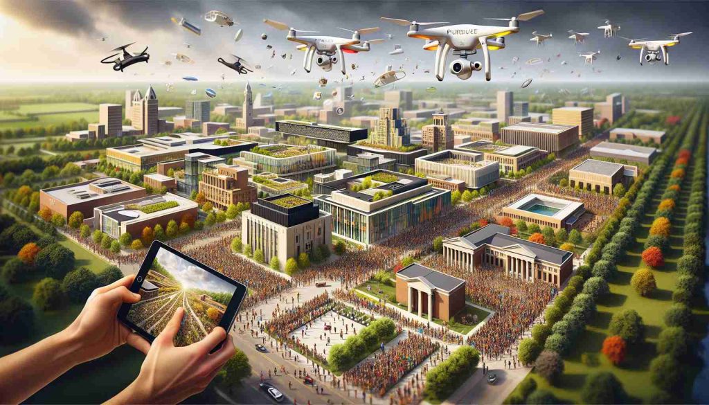 A high-definition, realistic depiction of Purdue's ambitious plan for 2027. Visualize a new era of learning unfolding with cutting-edge technology merged with traditional education. Imagine state-of-the-art buildings representing various departments, well-equipped modern classrooms, and outdoor spaces vibrant with diversity - bustling with students of all descents and genders. Picture drones flying overhead, capturing the essence of the plan, and the excitement of the students who are eager to embrace this new era. The overall atmosphere should suggest optimism, progress, and readiness for future challenges.