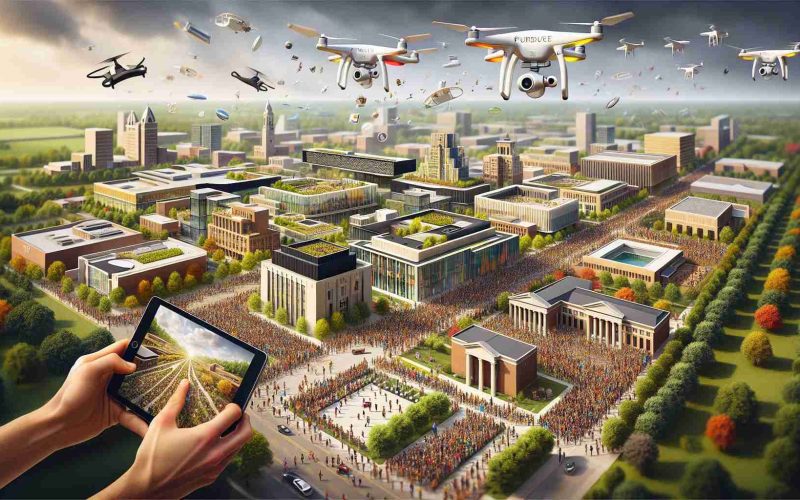 A high-definition, realistic depiction of Purdue's ambitious plan for 2027. Visualize a new era of learning unfolding with cutting-edge technology merged with traditional education. Imagine state-of-the-art buildings representing various departments, well-equipped modern classrooms, and outdoor spaces vibrant with diversity - bustling with students of all descents and genders. Picture drones flying overhead, capturing the essence of the plan, and the excitement of the students who are eager to embrace this new era. The overall atmosphere should suggest optimism, progress, and readiness for future challenges.