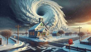 Generate a realistic, high-definition image that visualizes the concept of 'Weather Disrupts Education: Schools Shut Down!'. This could include a large, imposing weather event such as a snowstorm or hurricane, looming over a small schoolhouse. The school itself could be closed, with a sign hanging on the front gate indicating its closure, and the streets and school yard could be devoid of students to illustrate the impact that weather has had on education.