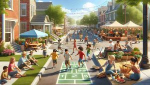 Create a hyper-realistic HD image of a lively neighborhood scene. Visualize a sunny afternoon where children of diverse descents are playing hopscotch on the sidewalk, teenagers are skateboarding in the park, and adults are having a friendly chat on the porch. In the background, a local band of middle-aged people is performing a free concert in the park, attracting a varied crowd of individuals. Street food vendors are busy serving customers, and a farmer's market is in full swing nearby. The image should capture the essence of local happenings and community spirit.