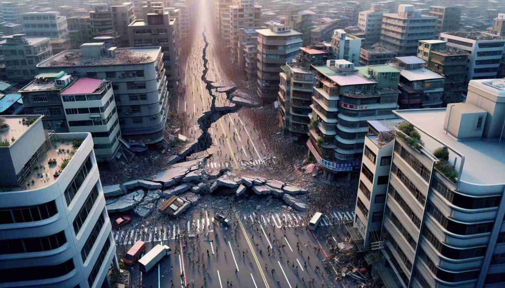 A high-definition, photorealistic image of an earthquake in Taiwan. The picture depicts severe ground tremors, buildings affected by shaking, rush of people in the street, and general chaos. The high magnitude and intensity of the quake can be perceived through the visible cracks on the road, falling debris from structures, and the broken infrastructure.