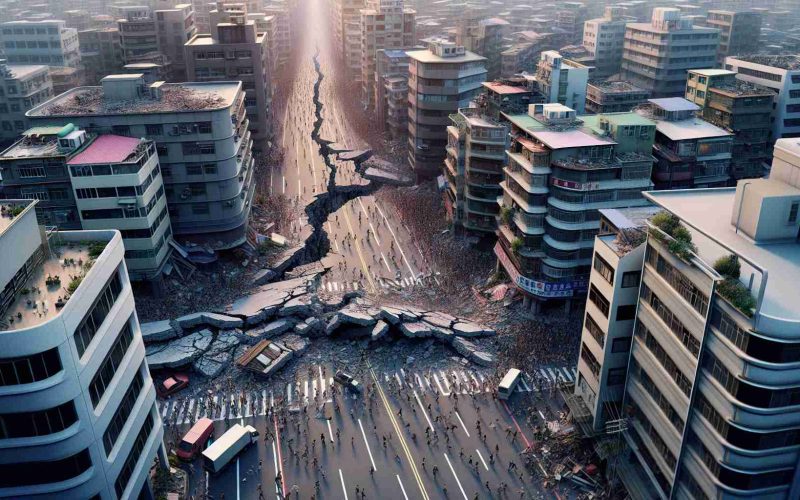 A high-definition, photorealistic image of an earthquake in Taiwan. The picture depicts severe ground tremors, buildings affected by shaking, rush of people in the street, and general chaos. The high magnitude and intensity of the quake can be perceived through the visible cracks on the road, falling debris from structures, and the broken infrastructure.