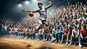 A high-definition, realistic image of a college basketball player, maverick and energetic in nature, similar to top tier talents like Walter Clayton Jr. He is mid-action, making a wave in the basketball court, showing off his skills and agility. In the background is a busy, animated audience captivated by his performance. The player is dressed in typical college basketball attire, portraying his passion, intensity, and the thrill of the game.