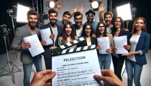 A high-definition, realistic image showcasing a group of talented actors joining a famous television series. Each actor could be seen holding a copy of the script, excitedly discussing their roles. The setting is on a film set with spotlights, film equipment, and a 'clapperboard' in view.