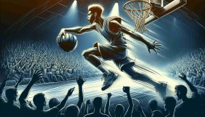 A high definition illustration of an unstoppable rise of an incredibly talented basketball player. The player is charging towards the basket, in mid-flight, with determination etched on his face, as the crowd roars in anticipation. The scene expresses intensity, athleticism and the thrills of the game.