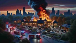 A high-definition, realistic image of an intense scene unfolding at a zoo located in a large Midwestern city. Strong, vivid flames emerge from a building in the complex, lighting up the early evening sky with their force. Nearby, various zoo animals are visible, demonstrating reactions ranging from alarm to curiosity. Foreground shows emergency services arriving promptly, their lights flashing against the twilight backdrop, their crews hurrying into action to contain the disaster and protect the animals. A sense of urgent motion and activity pervades the scene.