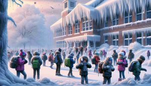 Generate an ultra high-definition, realistic image representing a scene of frigid winter weather. Visualize schools taking precautions in response to the extreme cold. Imagine students bundled up in warm winter clothing, like earmuffs, scarves, puffy jackets, and boots. A few teachers are ensuring that students are properly dressed for the cold, maybe at the school's entrance. The school building is seen with icicles hanging off its edges and the playground covered in a layer of sparkling snow. Snowflakes are falling softly against a pale winter sky.