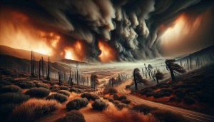 An intense and realistic image displaying the threat of wildfires in Southern California. The scenery includes a landscape of dry vegetation with ominous, smoky skies looming overhead. Strong, dangerous winds are indicated by bending trees and dust spiraling in the air. The scene portrays the sheer power of nature and the impending danger that comes with it. Signs of human life such as distant highways and structures are barely seen amidst the potential devastation.